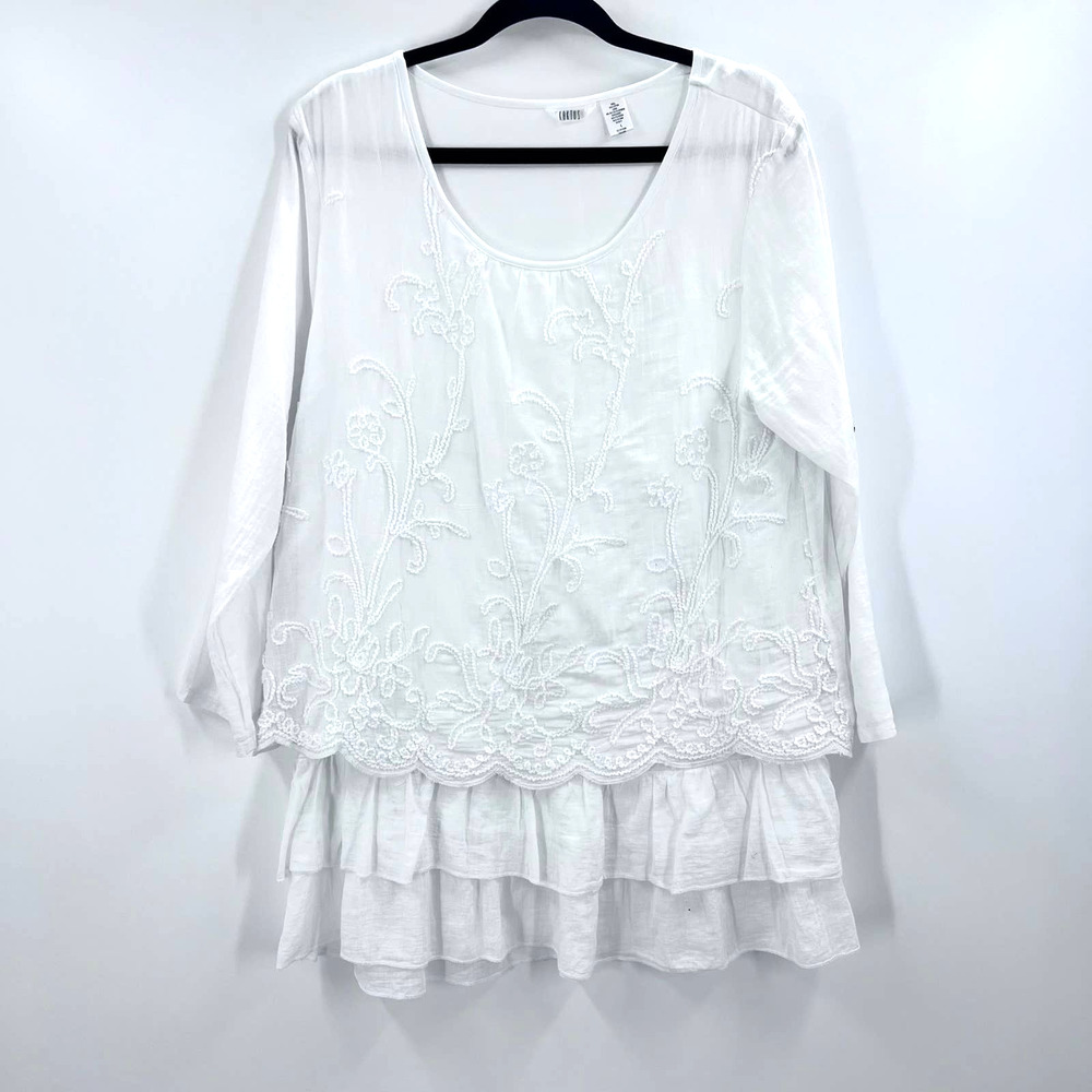 Kaktus White Embroidered Ruffle Tunic Blouse Half Sleeve Scoop Neck Womens Large